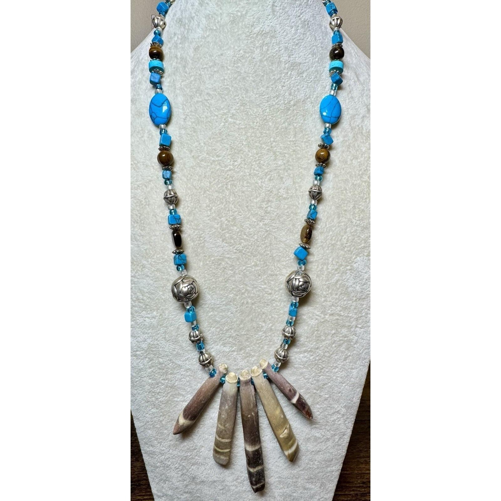 Sea Urchin Spine Tigers Eye Faux Turquoise Beaded Southwestern Boho Necklace